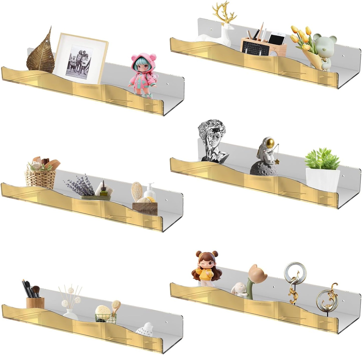 Acrylic Wall Shelf Organizers 15 Inch Floating Shelf for Wall Decor Bookshelf for Kids Modern Mirror Gold Wall Mount Shelf for Living Room, Bedroom, Bathroom (6, Gold Mirror)