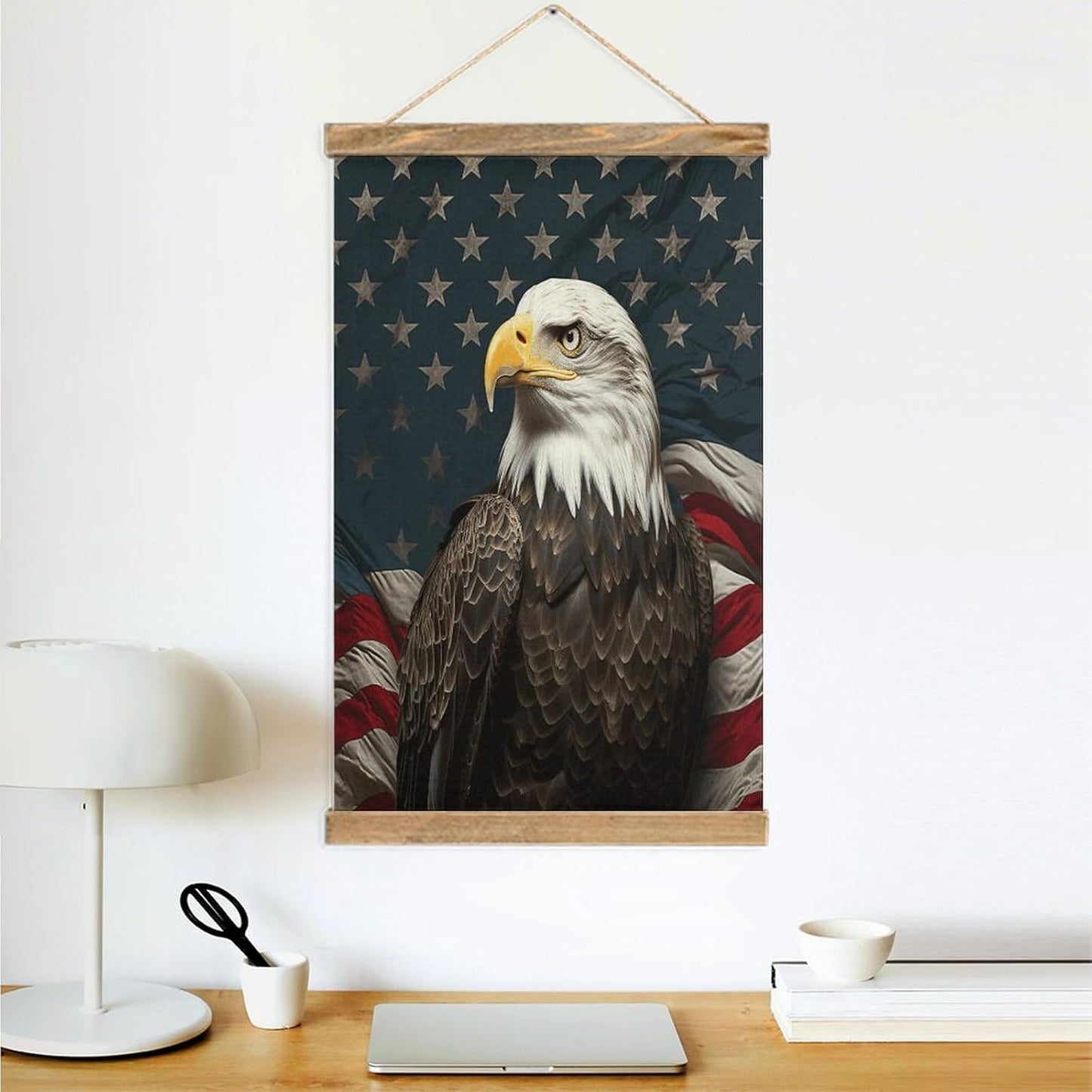 Vintage American Bald Eagle Sitting on Flag Ribbon Poster with Wooden Frame Personalized Linen Hanging Scroll Painting Rustic Wall Hanging Illustrative Modern Artwork Decor for Home Living Room Bedroo