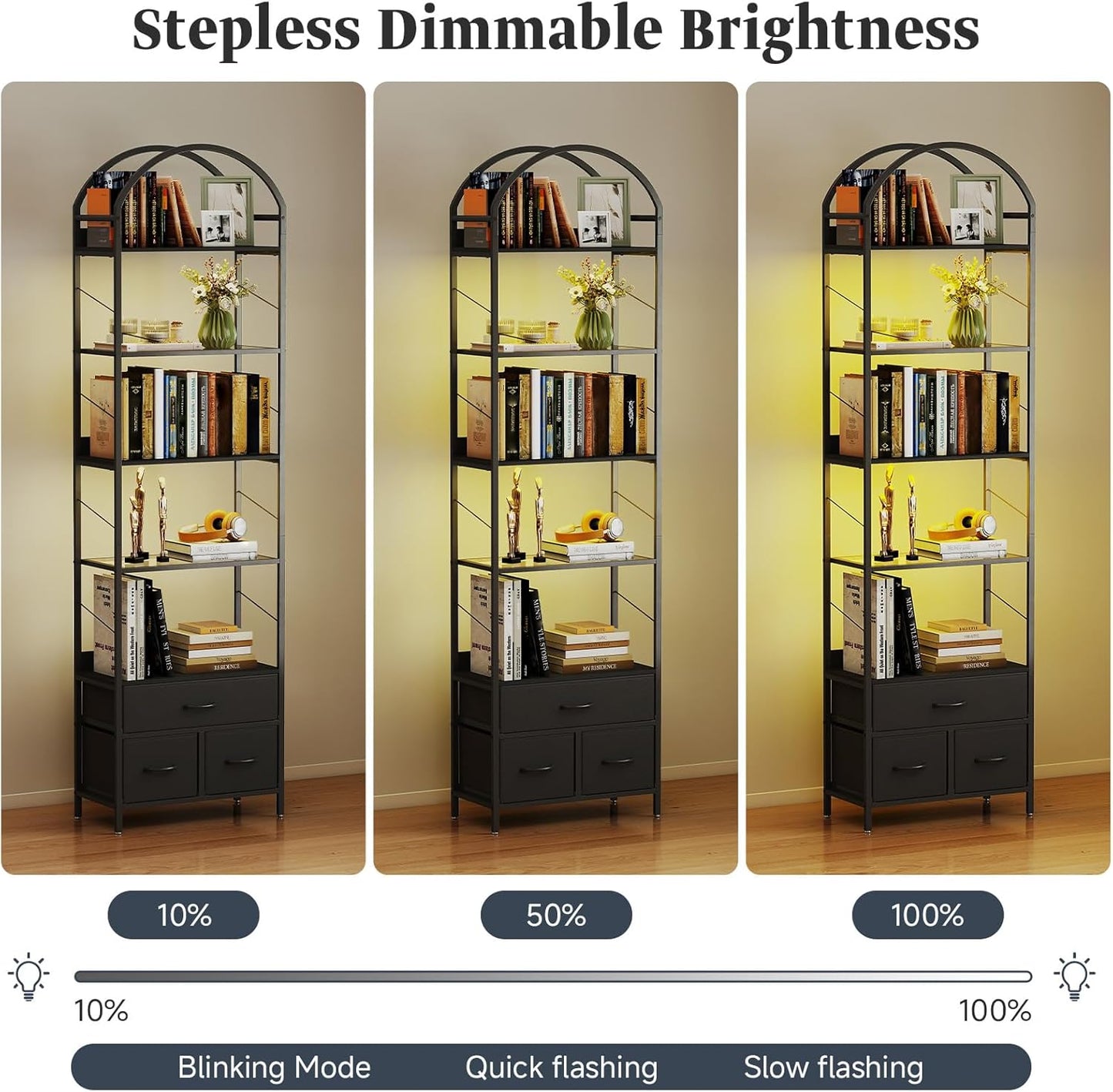 Tall Narrow Bookshelf with 3 Drawers, Arched Bookcase with 4 Legs, 84 inches 5 Tier Skinny Book Shelves with LED Lignts for Living Room, Office, Black