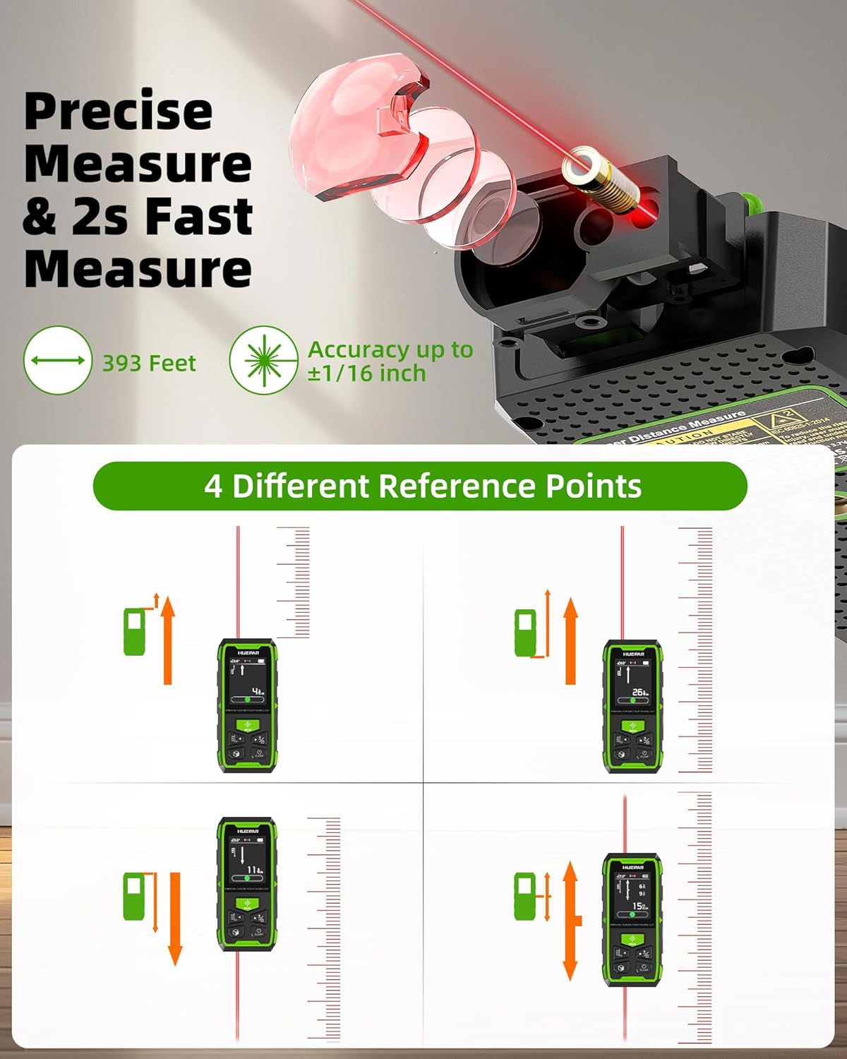 Huepar Professional Dual Laser Measuring Tool 393ft, Rechargeable Bilateral Laser Measurement Tool, Digital Laser Room Measure Devices, Metro Laser Measurement Tool with Angle Sensor, Magnetic Back