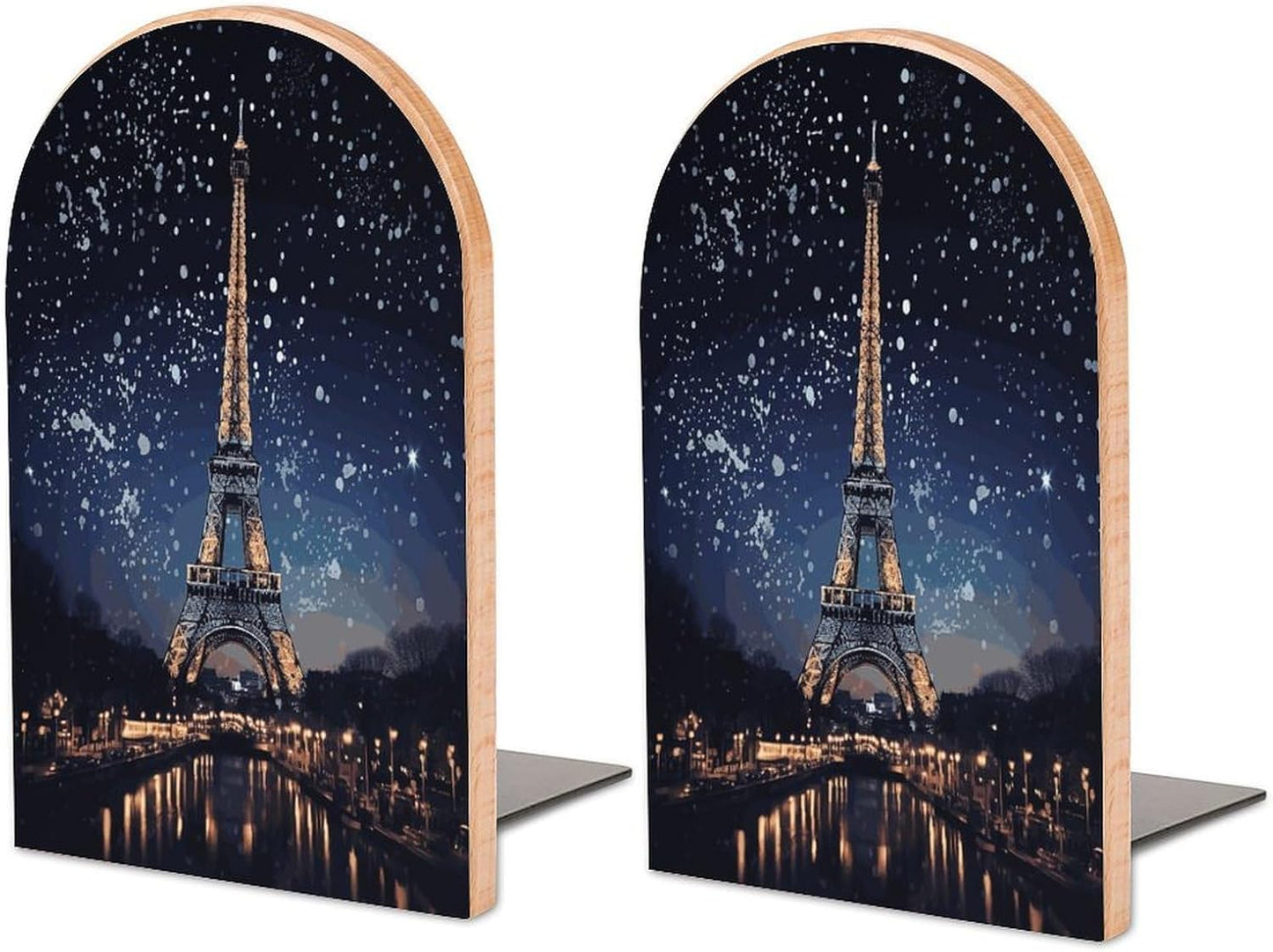 Night Paris Eiffel Tower Bookend for Shelves Wooden Book End Large Size Sturdy Book Holders Stoppers with Metal Base for Bookshelves Slick Decorative Bookends Stands