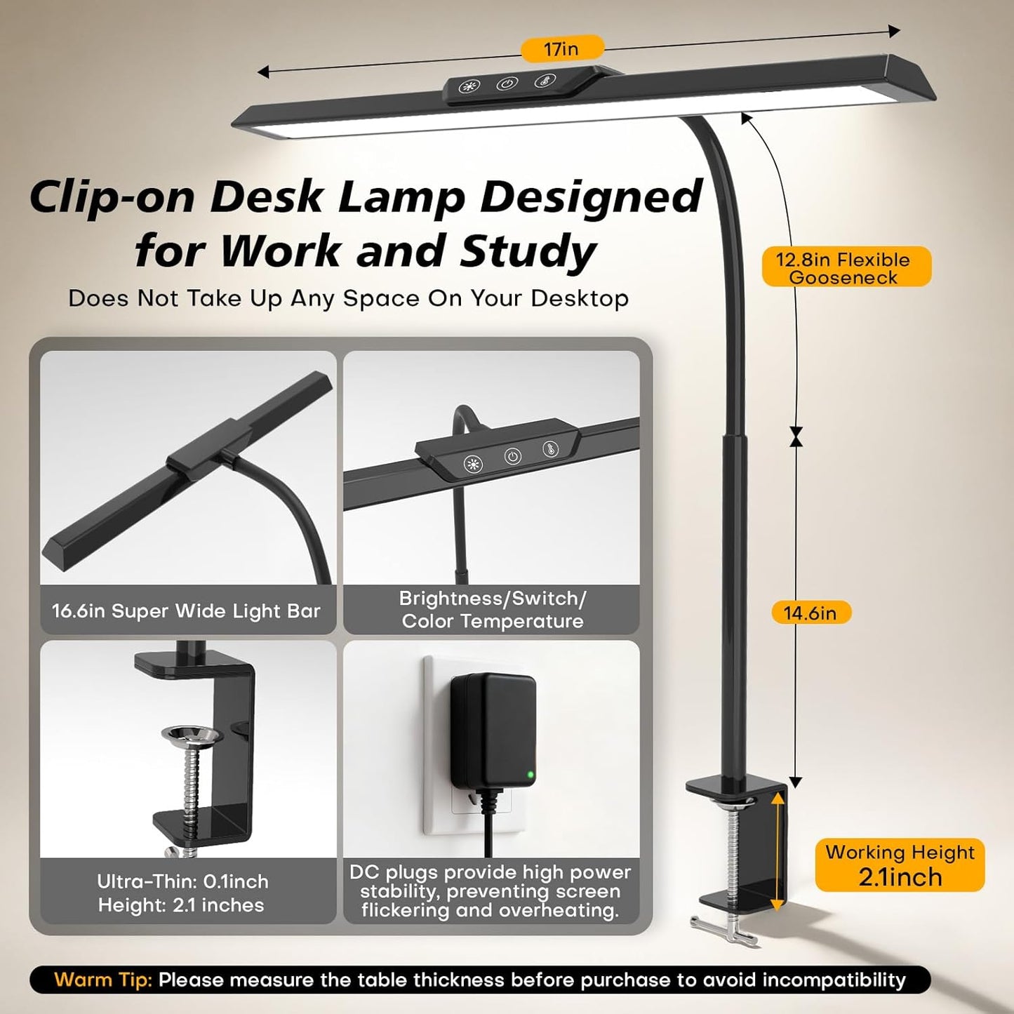 LED Desk Lamp for Office Home, Stepless Dimming Architect Desk Light with DC Adapter, Eye-Caring Desk Lamp with Clamp, 25 Lighting Modes Adjustable 12.8in Flexible Gooseneck for Workbench, Drafting