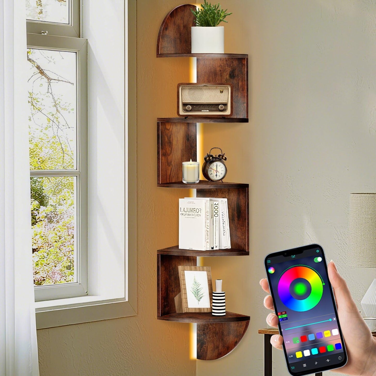 Corner Shelf, 5 Tier Corner Shelf Wall Mounted with Light, Corner Floating Shelves, Corner Bookshelf Stand for Bedroom, Bathroom, Living Room, Kitchen, Home (Rustic Brown)