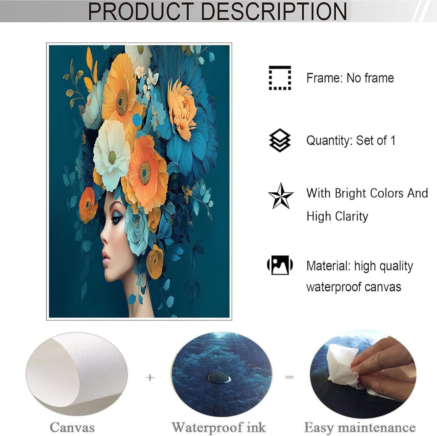 GDJSMIN Fantasy Woman Illustration Wall Art, Fantasy Flower Headdress Poster for Reading Room Living Room Decor 12x 16 inch Unframed