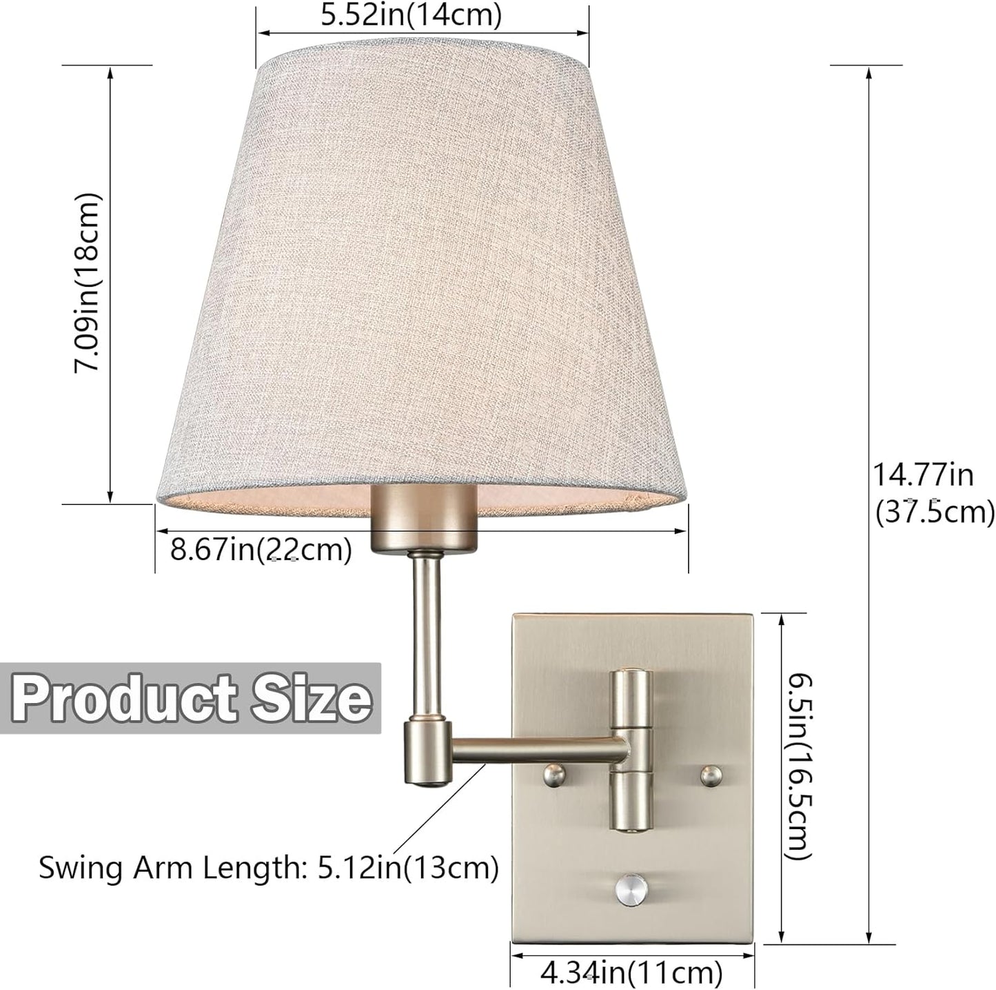 SAMTEEN Swing Arm Wall Sconces Set of Two Plug in Wall Lamp with Grey Fabric Shade and On Off Switch Wall Light for Bedside Living Room Hallway, Brushed Nickel Finish