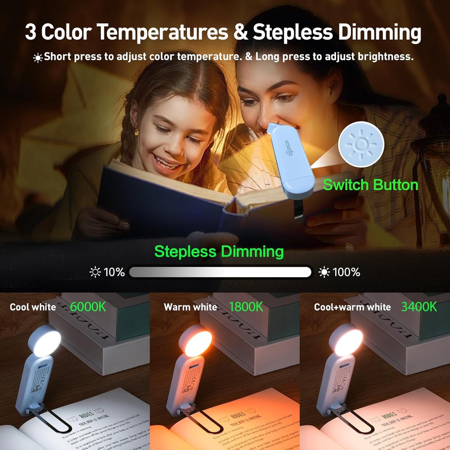 VAVOFO USB Rechargeable Book Light, Blue Lighting Blocking, Amber Light Clip On Bookmark Shaped 6 LEDs Reading Light, Eye Care for Bookworms Reading in Bed with 9 Lighting Modes (Light Blue)