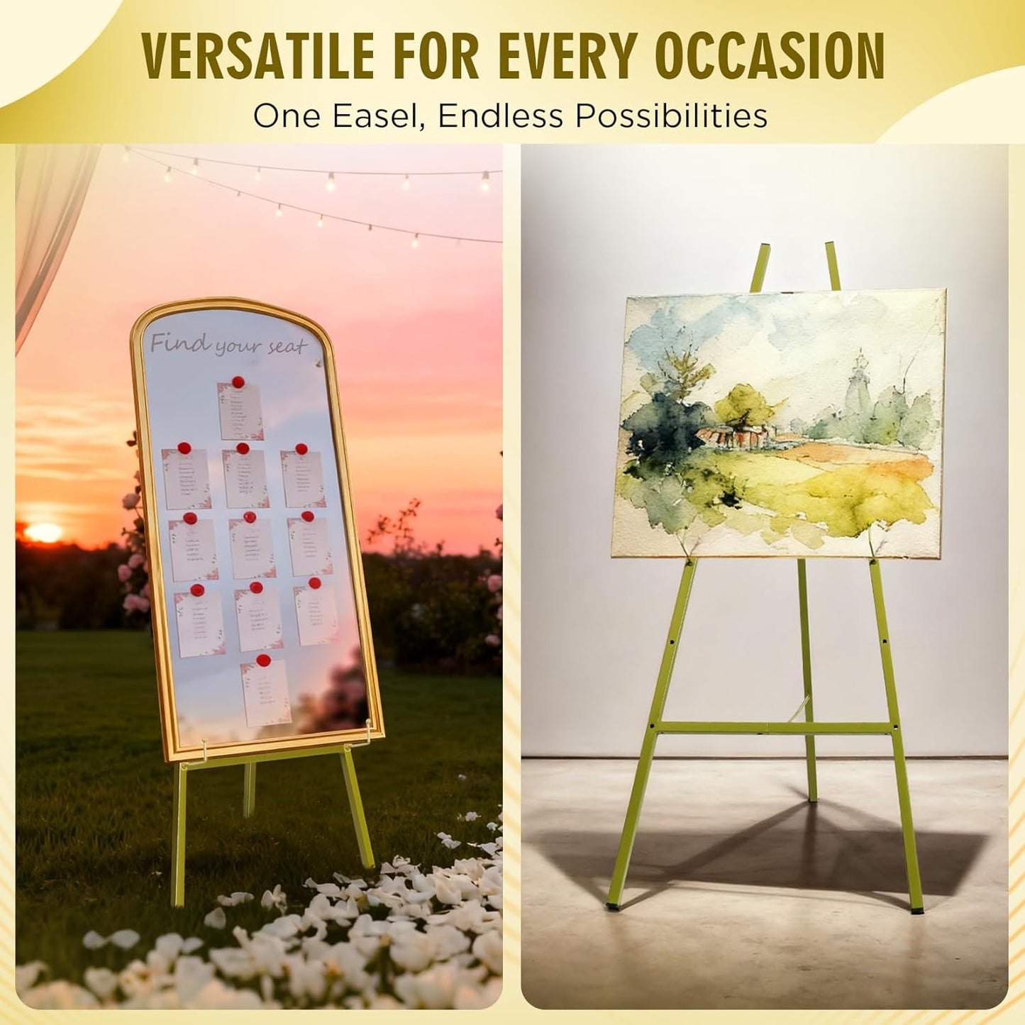 57" Heavy Duty Gold Easel Stand for Wedding Signs – Holds up to 50 lbs Metal Floor Easel for Welcome Sign, Seating Chart, Art & Mirrors – Quick 5-Min Assembly, Adjustable Display Stand
