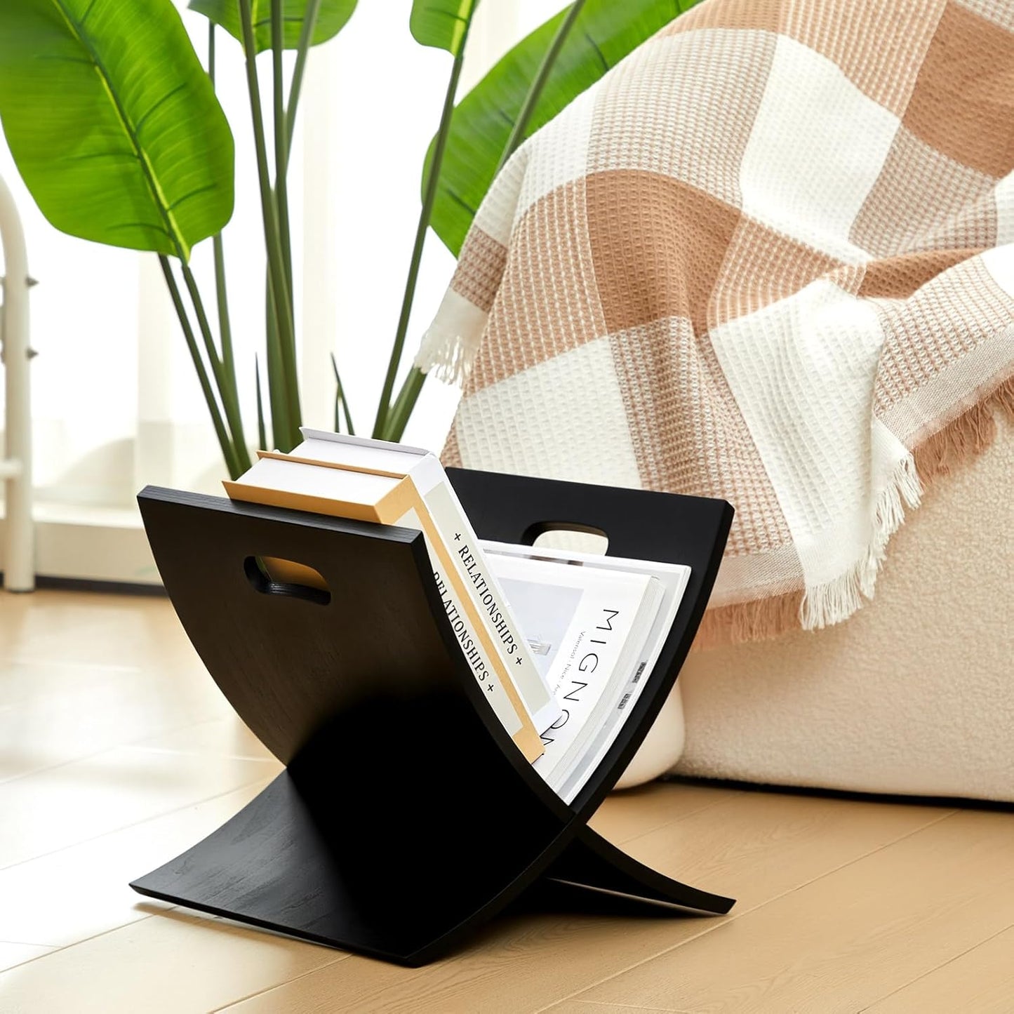 Black Freestanding Wooden Magazine Rack Vertical Floor Magazine Display Bathroom Newspaper Holder Stand for Home, Bathroom, Office, Bedroom, Living Room