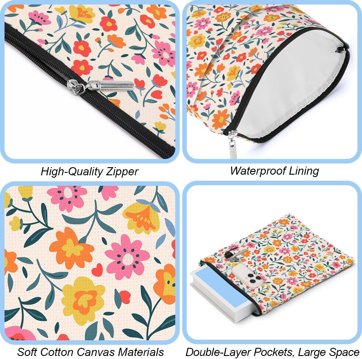 Book Sleeve Book Protector Book Pouch Book Lovers Gifts Bookish Gifts Book Cover with Zipper for Hardcover Paperback Washable Wildfloral Printed Gift Bag for Women Teacher Birthday, BookCover