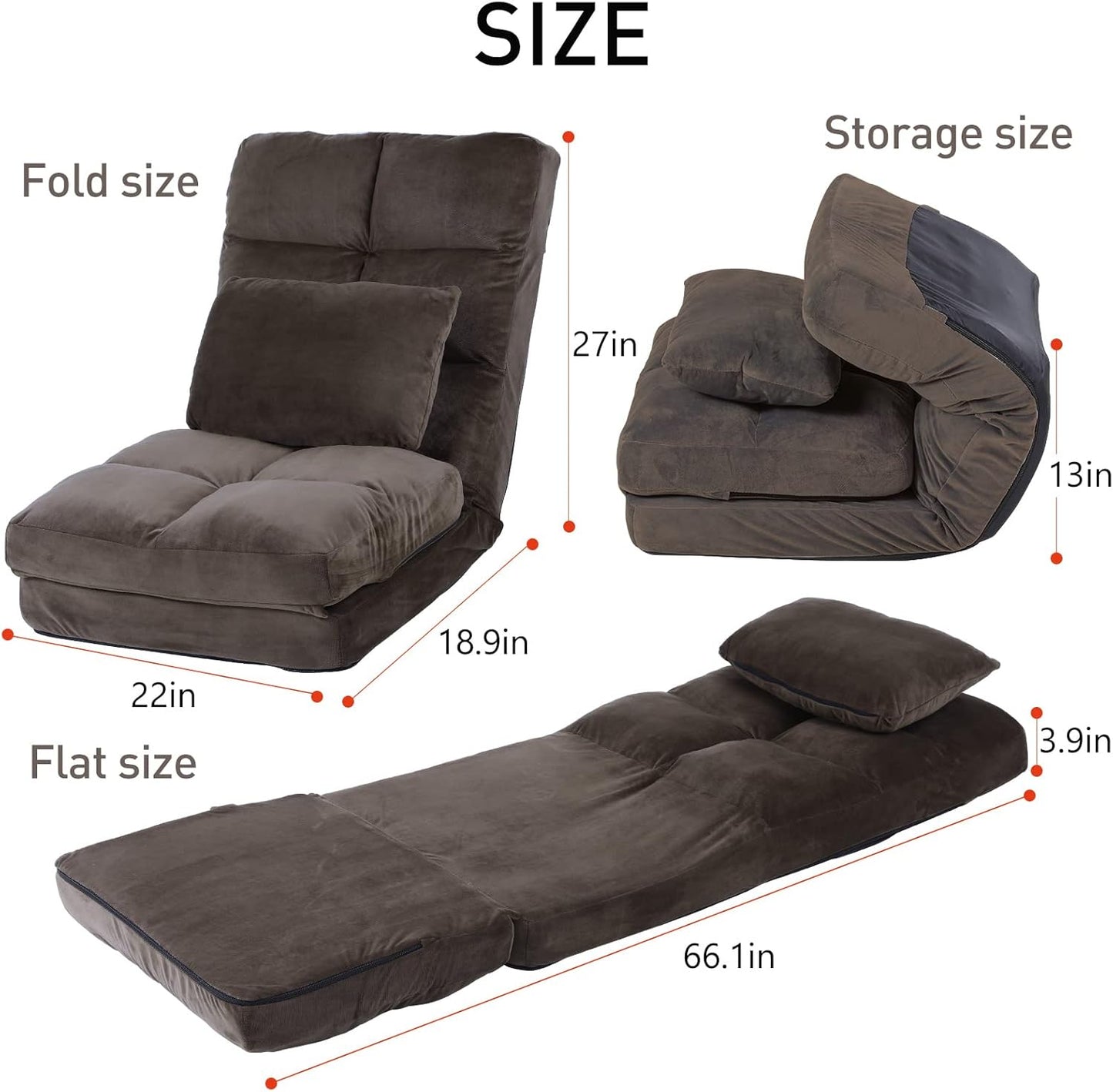 Indoor Floor Chaise Lounge Sofa Chair for Adults, 14-Angle Adjustable Recliner with Back Support & Pillow, Foldable Floor Lounger, Comfort for Living Room, Reading, Relax -Brown