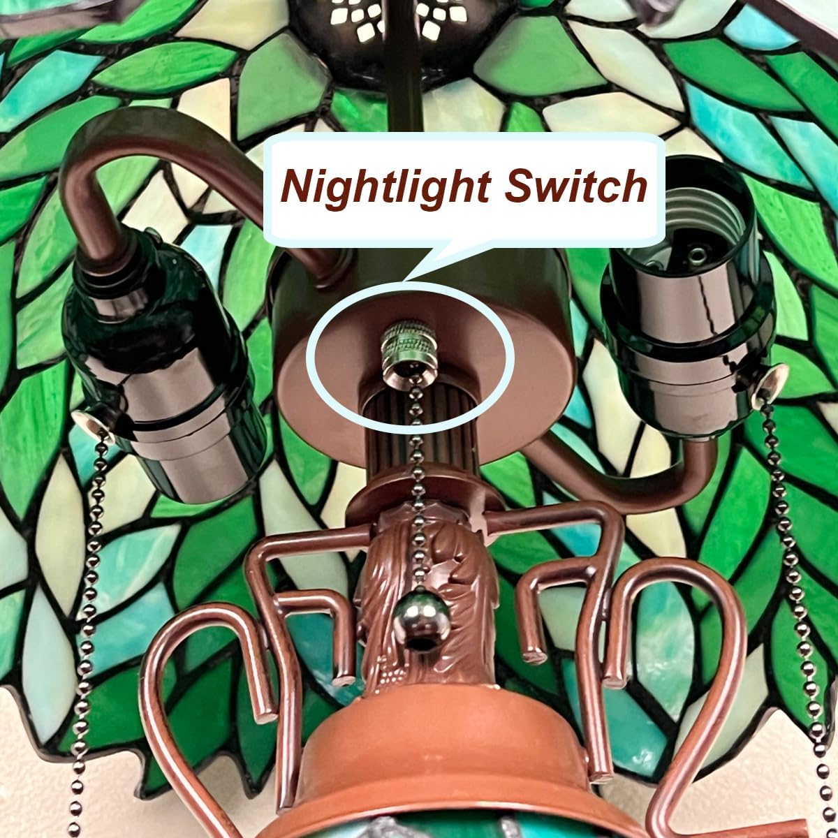 Tiffany Table lamp with nightlight, Green Wisteria Stained Glass Desk Light - Antique 3-Lights Medium Nightstand Bedside Reading Light for Living Room Bedroom Office