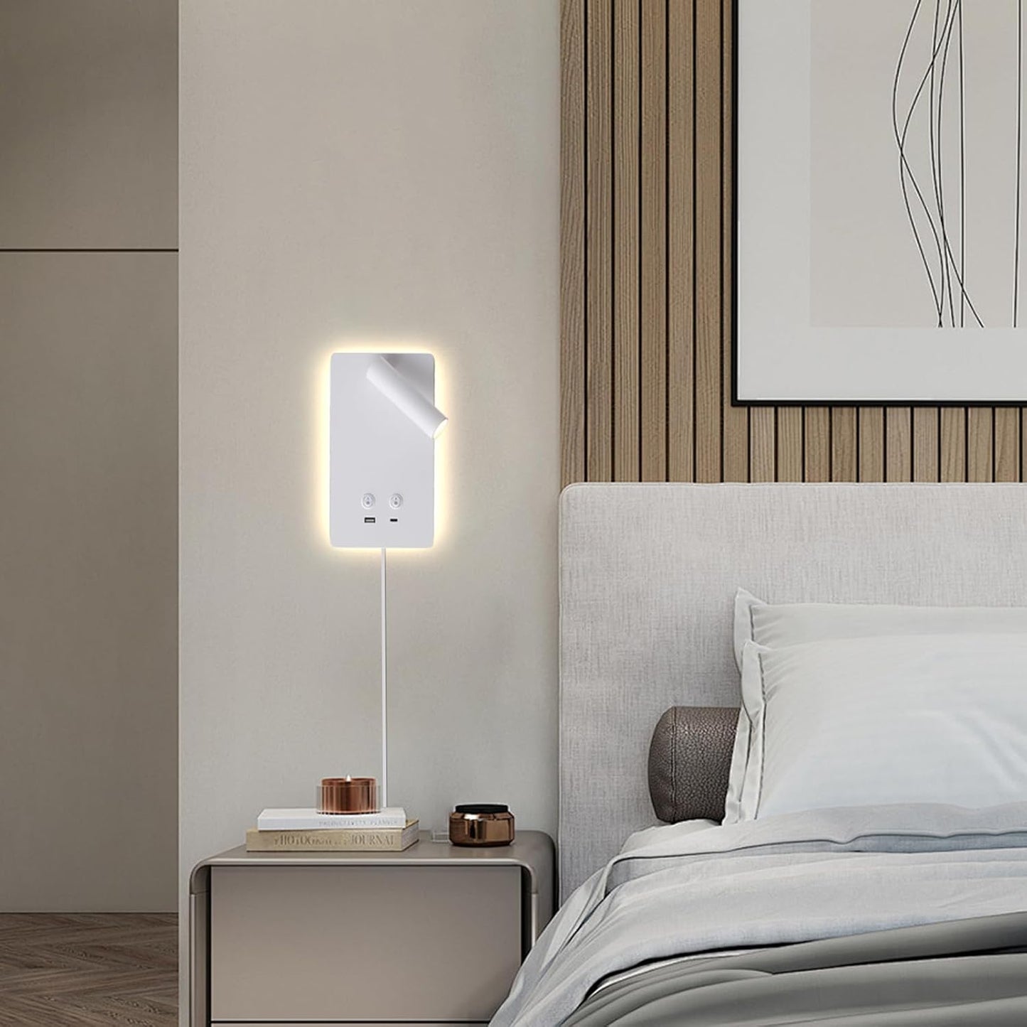MOLUOLA LED Wall Lamp Wall Mounted Reading Lights, Adjustable Headboard Plug in Wall Sconce with USB C+A Ports, Headboard Bedside Lamp with 9W+3W Night Light 3000K (White)