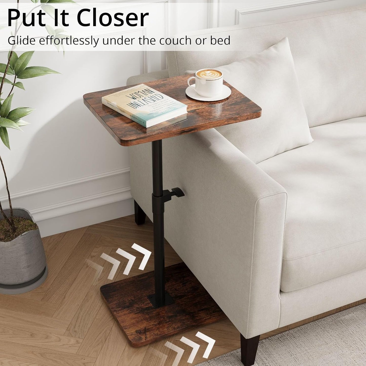 TV Trays for Eating on Couch - Height Adjustable C Shaped End Table with 360° Swivel, Slide Under Sofa Side Table for Small Spaces, Snack Table for Bed Chair Living Room Bedroom Laptop, Rustic Brown