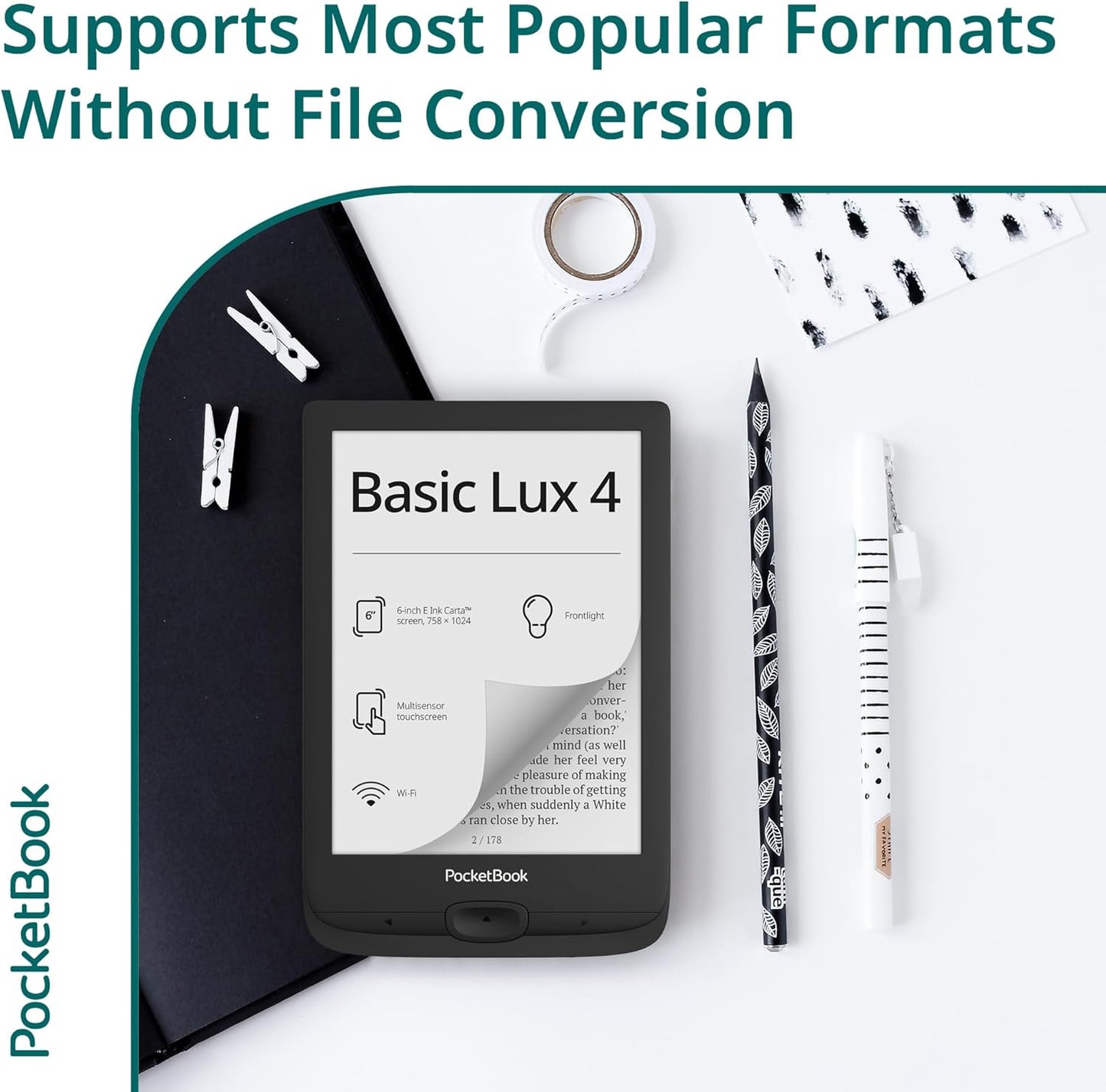 PocketBook Basic Lux 4 E-Book Reader - 6" Glare-Free HD E-Ink Display - Frontlight - Compact & Lightweight Ebooks Reader - Wi-Fi, Ergonomic Buttons - MicroSD Slot - Eye-Friendly Ereader