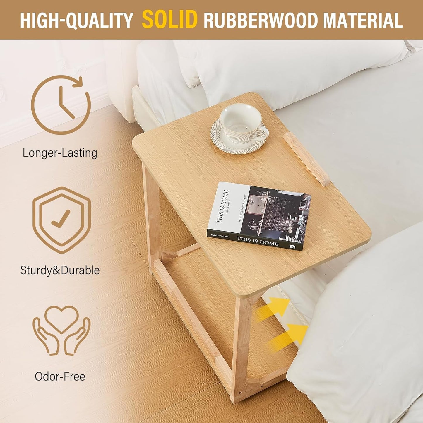 CozyDH Bedroom Side Table - Wooden End Tables Bedroom, C Shaped End Table with Wheels, Small Rolling Table for Bedside, Skinny Tray Desk for Sofa/Couch/Living Room, Natural