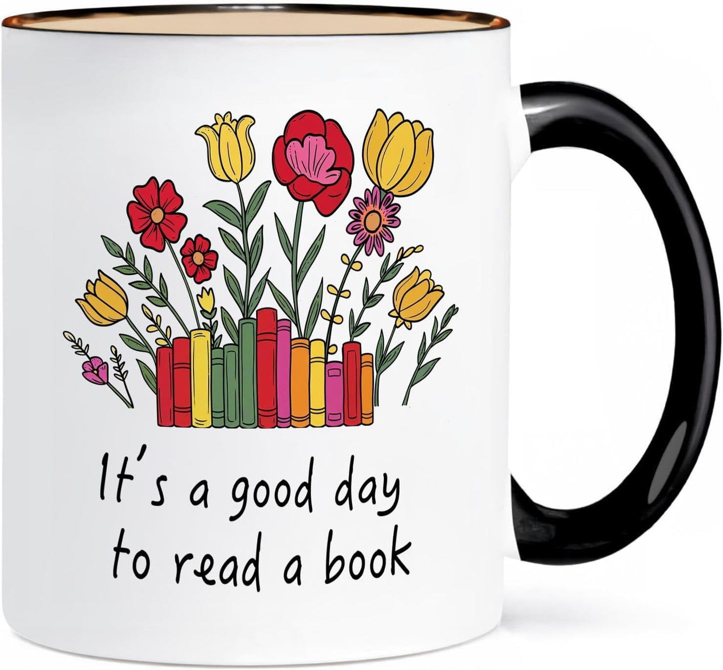11 Oz Ceramic Book Lover Mug with Black Interior and Handle, Colorful Floral Bookshelf Design, Microwave and Dishwasher Safe Coffee Cup for Readers