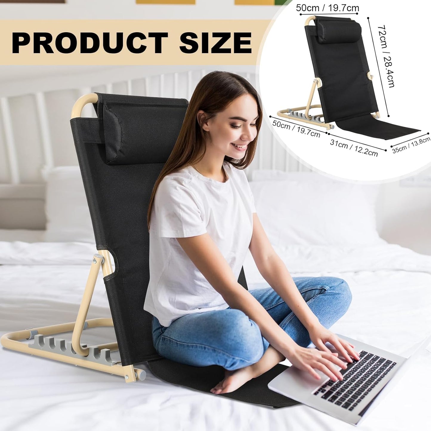 Menkxi Lifting Bed Backrest Portable Folding Adjustable Sit up Back Rest Multifunction Chair for Bed Change Angle of Backrest for Elderly Patients Back Neck Lumbar Support (Black,28.4 Inch)