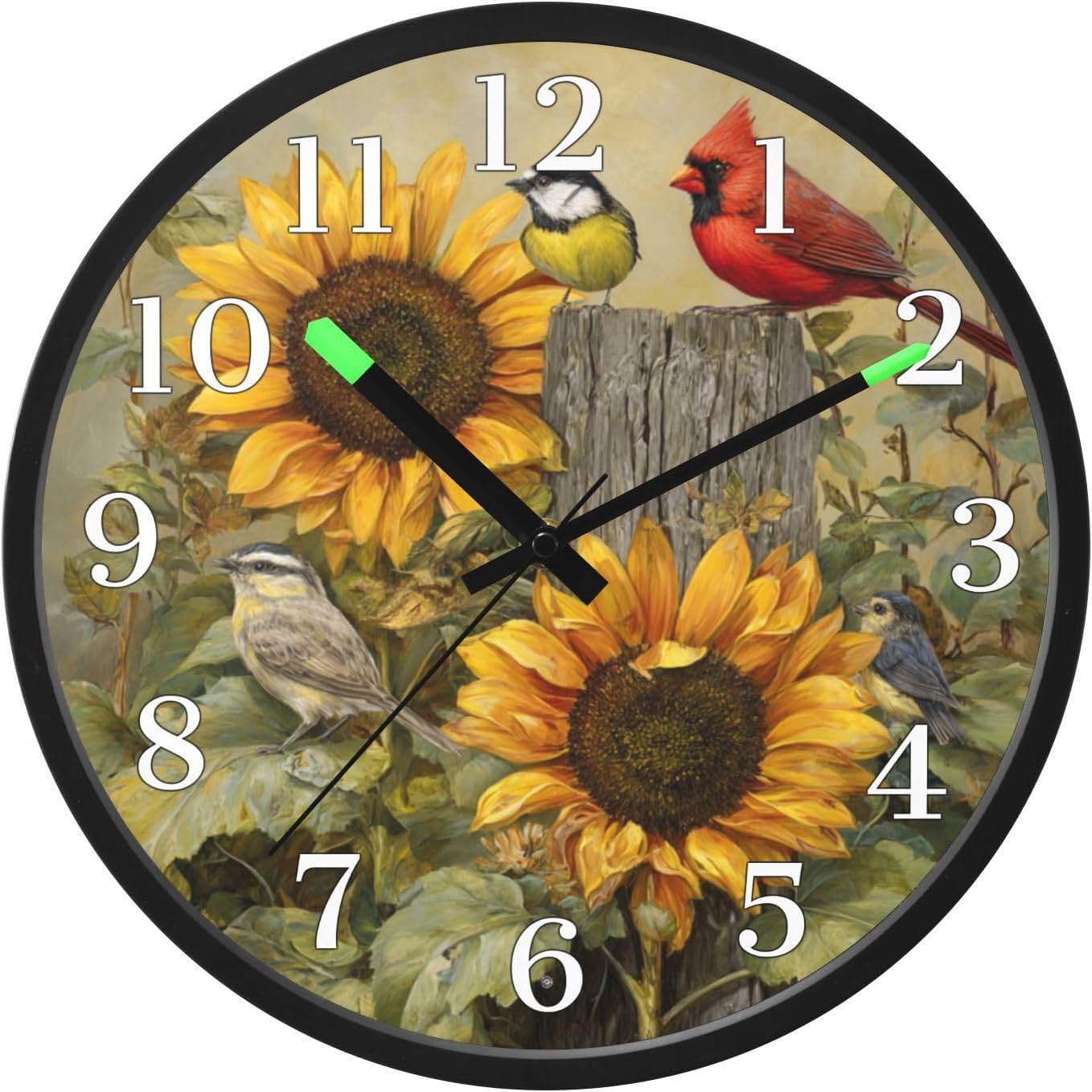 Red Cardinal Bird with Sunflower Night Light Wall Clock Light Up Luminous Non-Ticking Silent Battery Operated Clocks 12 Inch for Kitchen Home