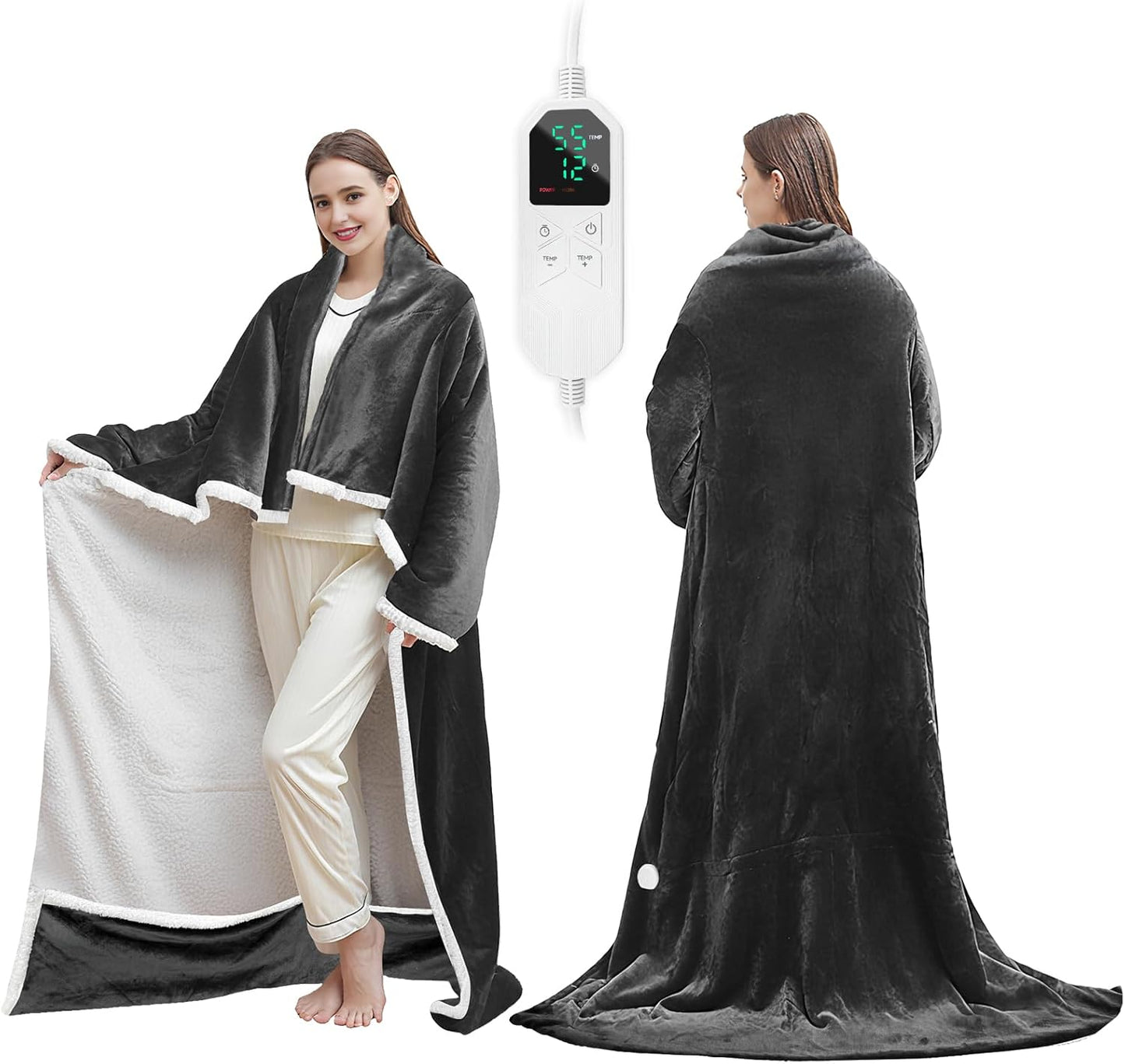 Wearable Heated Blanket with with Foot Pocket, Electric Blanket Wearable with Sleeves, Electric Throw Wrap Poncho Shawl, 8 Heating Levels & 12 Hours Time Settings, Machine Washable, 50 x 70 Inch
