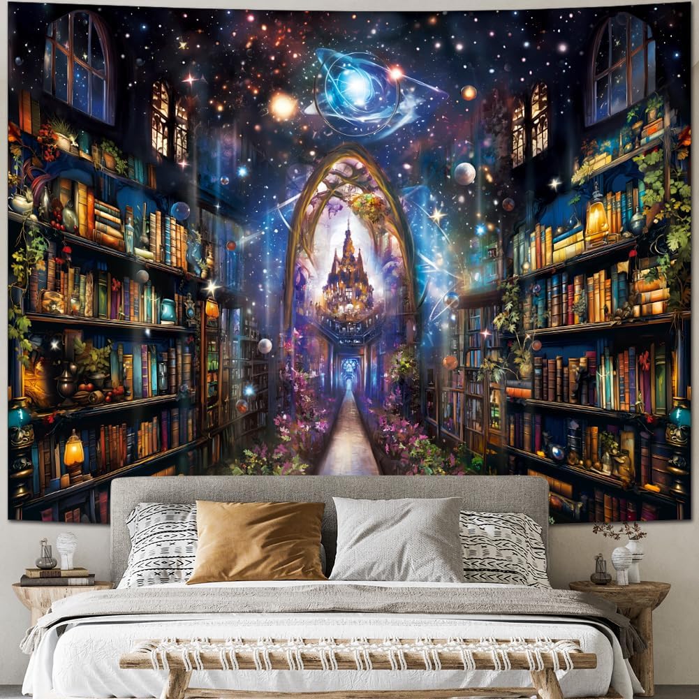 Heynvioo Mysterious Bookshelf Tapestry Galaxy Space Library Tapestry Fantasy Landscape Vintage Aesthetic Tapestries Book Decoration Wall Hanging Decor for Bedroom Home