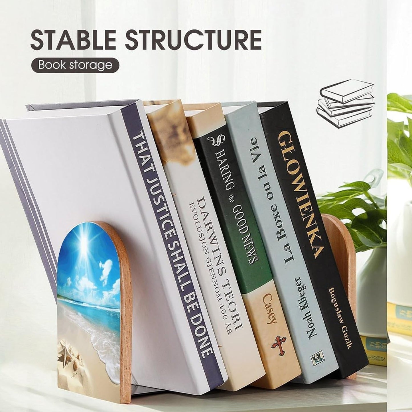 Bright Sunshine Summer Beach Bookends 1 Pair Heavy Duty Book Ends for Shelves Non-Skid Bookend Supports Wooden Book Holders with Metal Base Desk Organizers Books Storage to Hold Books