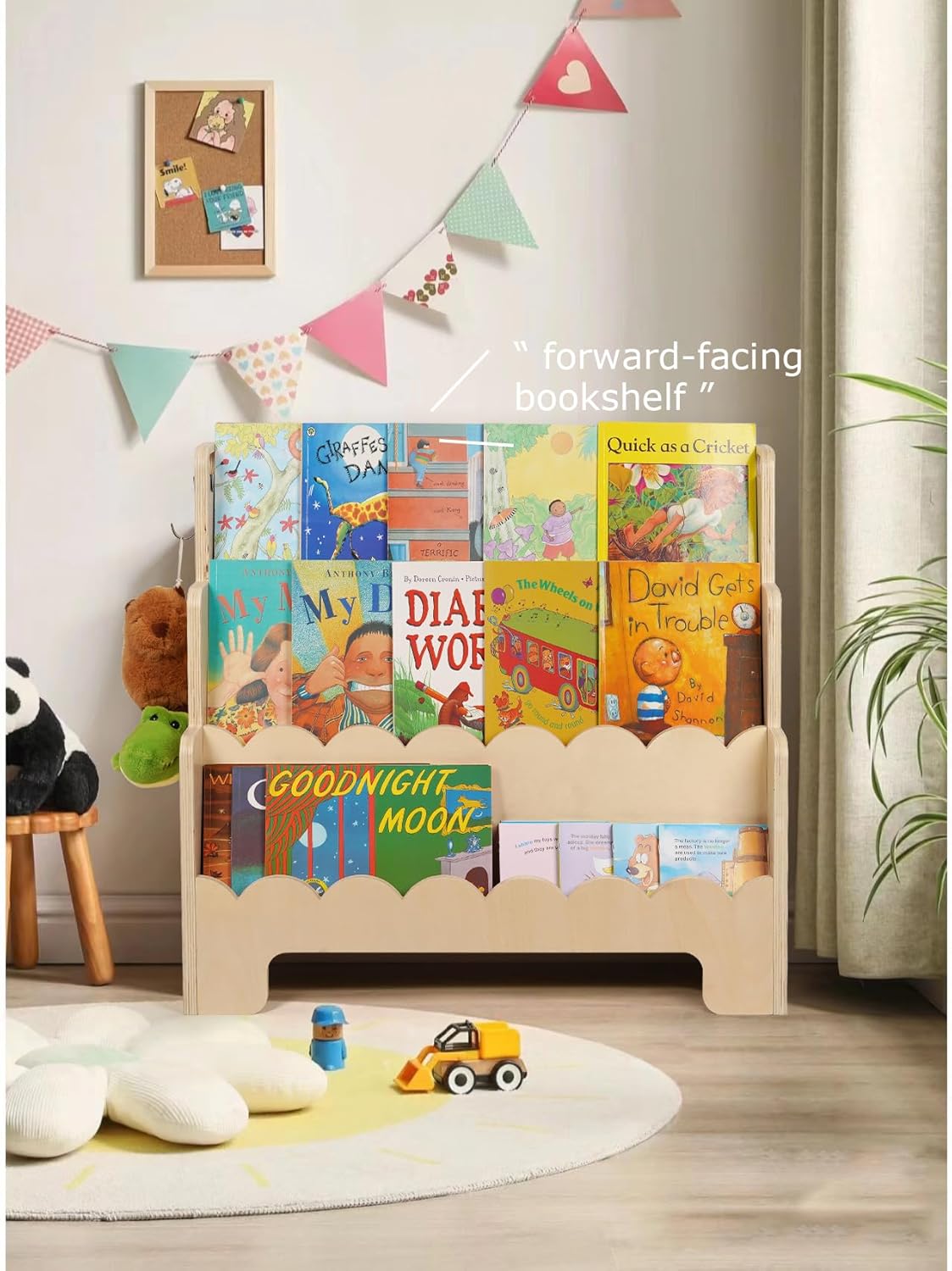 Kids Bookshelf Wooden 3-Tier, Scalloped Book Shelf for Kids Rooms, Front Facing Toddler Montessori Bookshelf, Baby Nursery Book Shelves Kids Classroom Bookshelf Bookcase