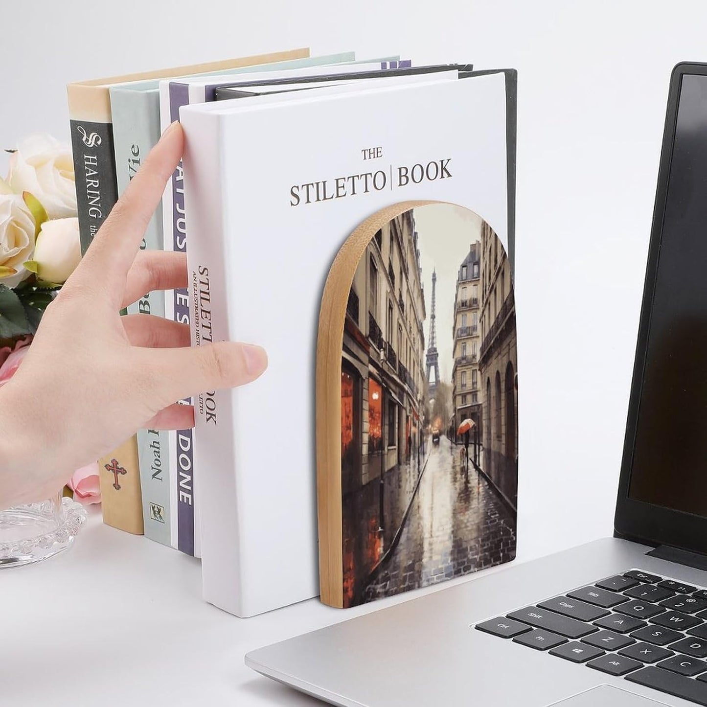 Rainy Street in Paris Bookend for Shelves Wooden Book End Large Size Sturdy Book Holders Stoppers with Metal Base for Bookshelves Slick Decorative Bookends Stands
