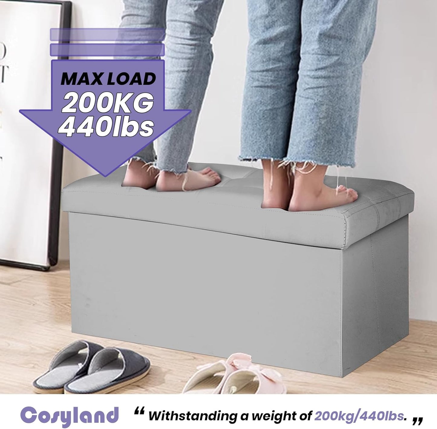 COSYLAND Ottoman Bench with Storage 30x15x15 inches Grey Ottoman for Room Folding Leather Ottoman Footrest Footstool Rectangle Collapsible Furniture with Lid for Bedroom Living Room