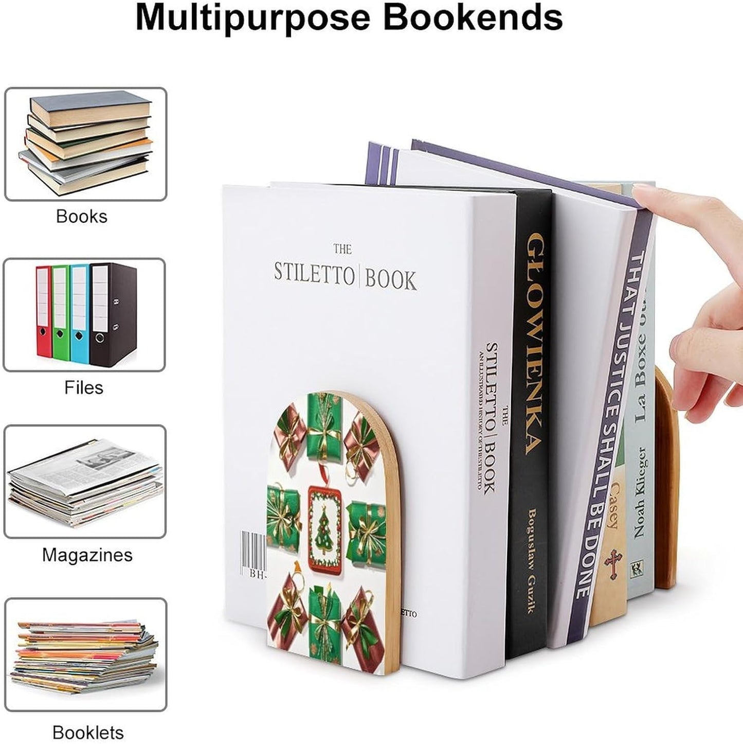 Wrapping Bookends 1 Pair Heavy Duty Book Ends for Shelves Non-Skid Bookend Supports Wooden Book Holders with Metal Base Desk Organizers Books Storage to Hold Books