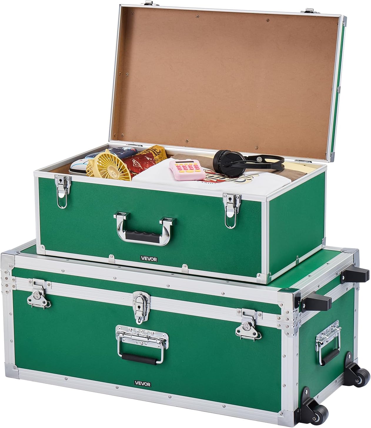 VEVOR Storage Trunk, Set of 2, Wooden Suitcase Storage Boxes with Padlocks, Large Trunk Includes Casters and 3 Metal Handles, Decorative Store Chest with Lids for Travel, Apartment, Dorm, Green