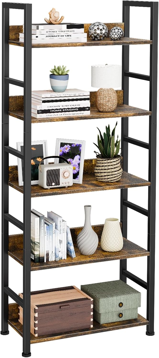 Bookshelf, 5 Tier Industrial Bookcase, Vertical Tall Bookshelf, Wood and Black Metal Open Shelves, Farmhouse Storage Rack for Living Room, Home Office, Bedroom, Rustic Brown