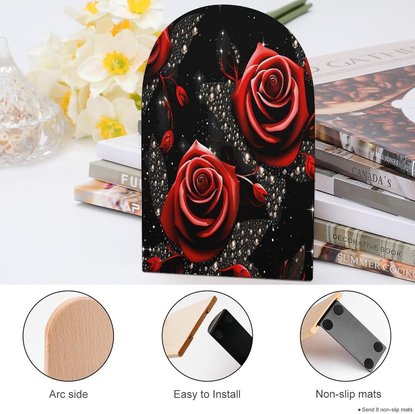 Red Roses and Stars Wooden Bookend Non-Slip Book Ends Heavy Duty Book Stopper with Metal Base Books Holderd Decorative Bookends Stands Firmly for Office Supplies