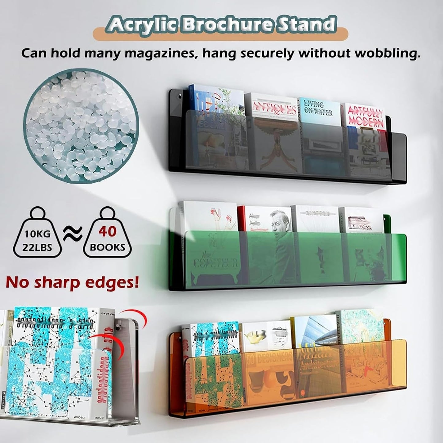 3 pcs Acrylic Magazine File Holder 40 60 80 100 120 cm, Living Room Hanging Book Rack Literature Display for Reading Room, Brochure Stand Storage Vinyl Record Organizer, Clear