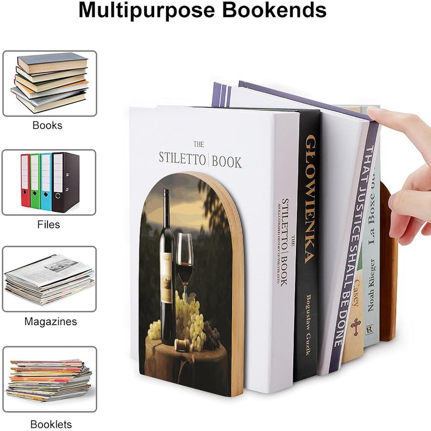 Red Wine Wooden Bookend Non-Slip Book Ends Heavy Duty Book Stopper with Metal Base Books Holderd Decorative Bookends Stands Firmly for Office Supplies