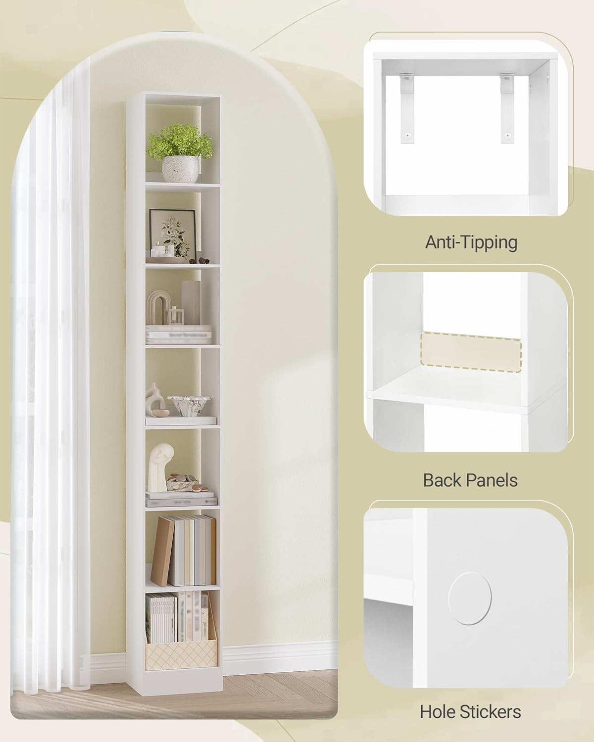 Bookcase, Tall Narrow Bookshelf, Open Display Storage Shelf, Skinny Cube Book Shelf with Adjustable Shelves, CD Rack for Living Room, Home Office 7-Tier(9.4 x 11.8 x 84.3 inch) White BC79703X