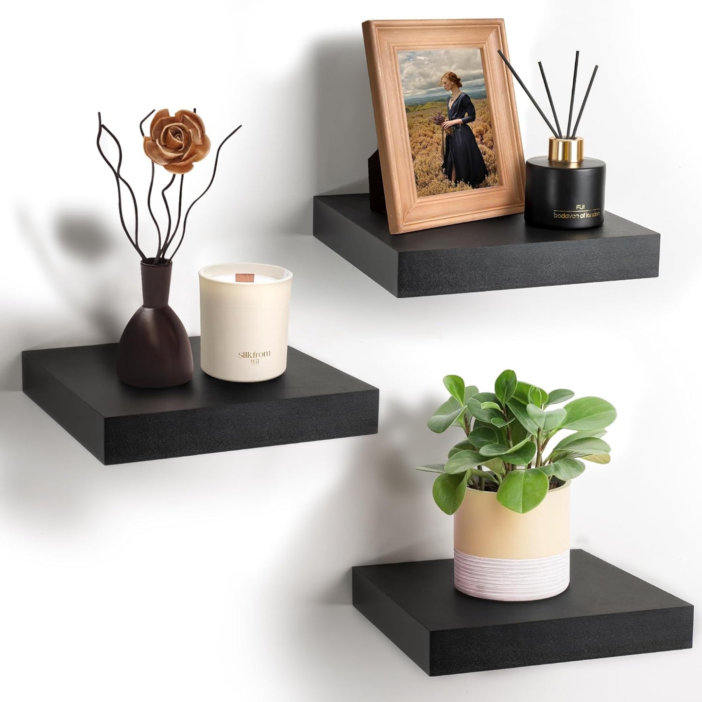 Sorbus 9X9 Inch Floating Shelves for Wall – Square Floating Shelf with Invisible Mounting Bracket for Kitchen, Bedroom, Living Room & Bathroom Decor – Rustic Showcase Wall Shelf (Black, 3 Pack)