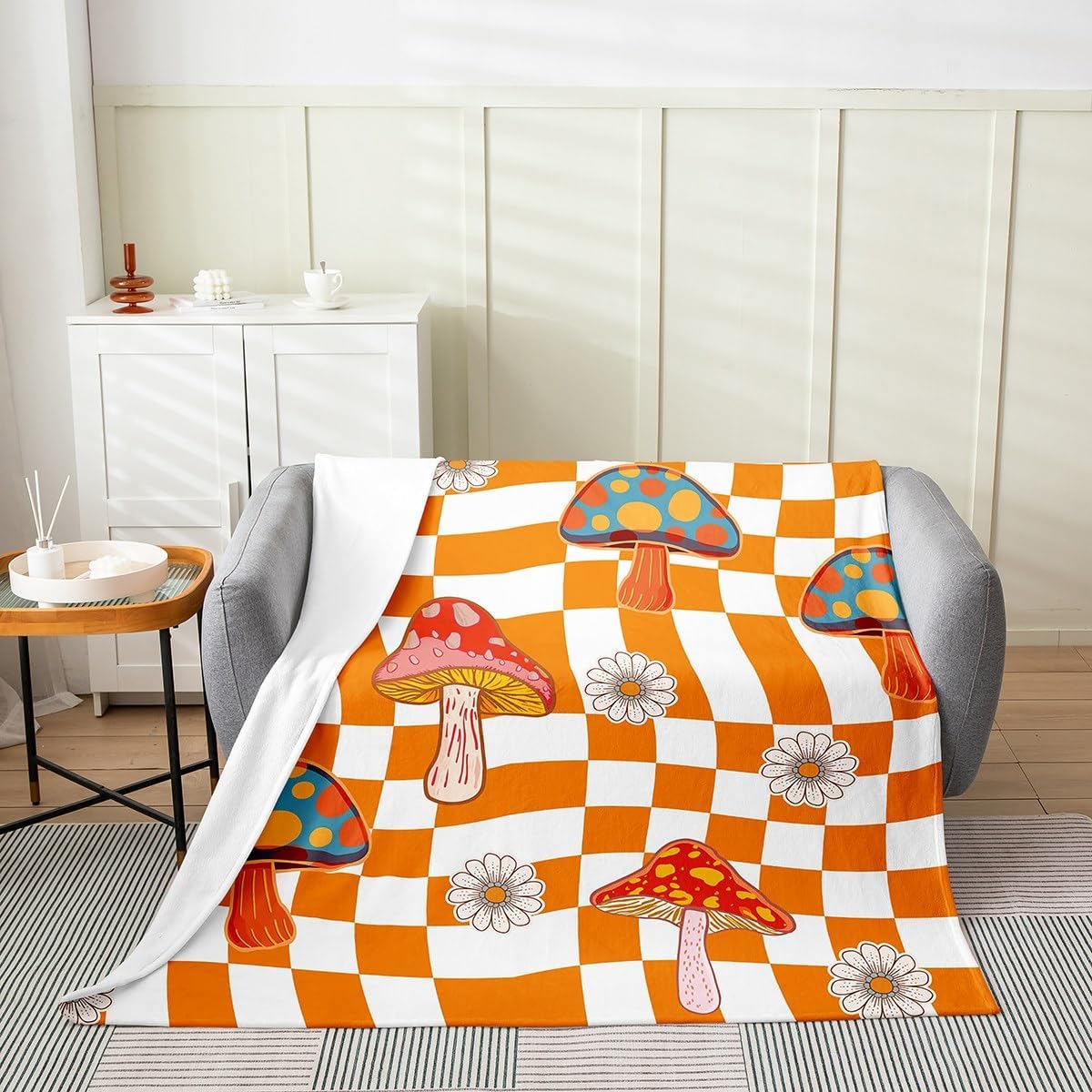 Retro 60s 70s Groovy Flower Throw Blanket,Kawaii Mushroom Fleece Blanket for Girls Women Adult,Cute 1970 Daisy Hippie Flannel Blanket Queen 90x90,Orange White Plaid Checkered Fuzzy Blanket