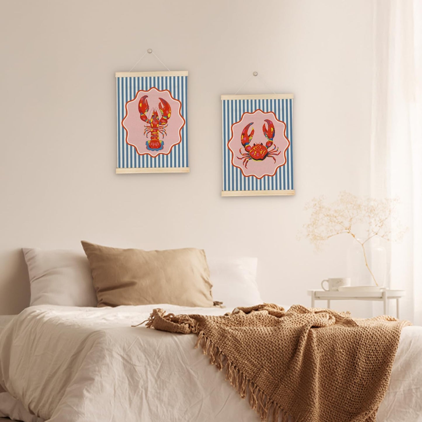 ATBWGT Lobster Crab Coastal Beach Wall Art Decor, Coastal Room Decor, Blue Striped Ocean Crawfish Crab Poster Hanger Frame for Bedroom Living Room Beach House Cabin, 12x16 Inch Set of 2