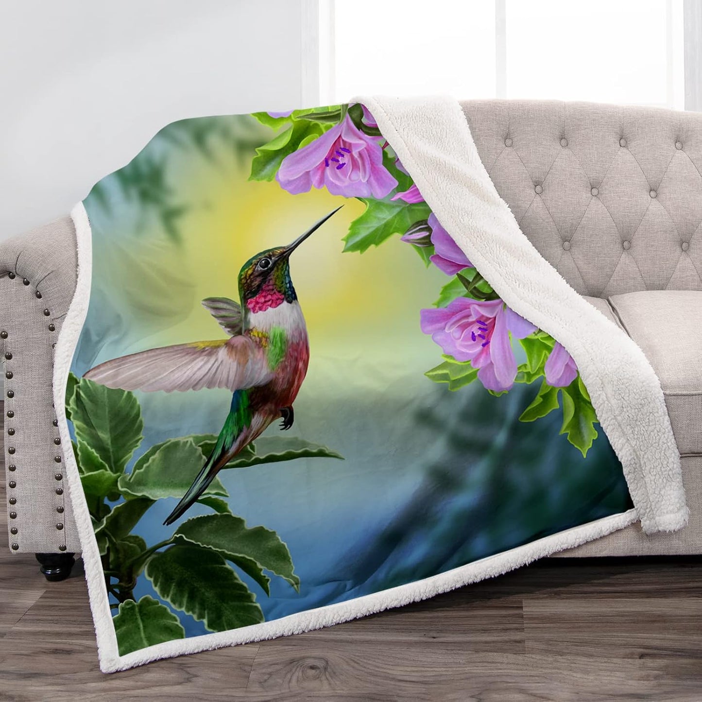Jekeno Hummingbird Floral Blanket Gifts for Women Kids Girls Mom Pink Flowers Bird Home Bedroom Mother's Day Decor Soft Cozy Lightweight Plush Sherpa Throw Blanket 50"x60"