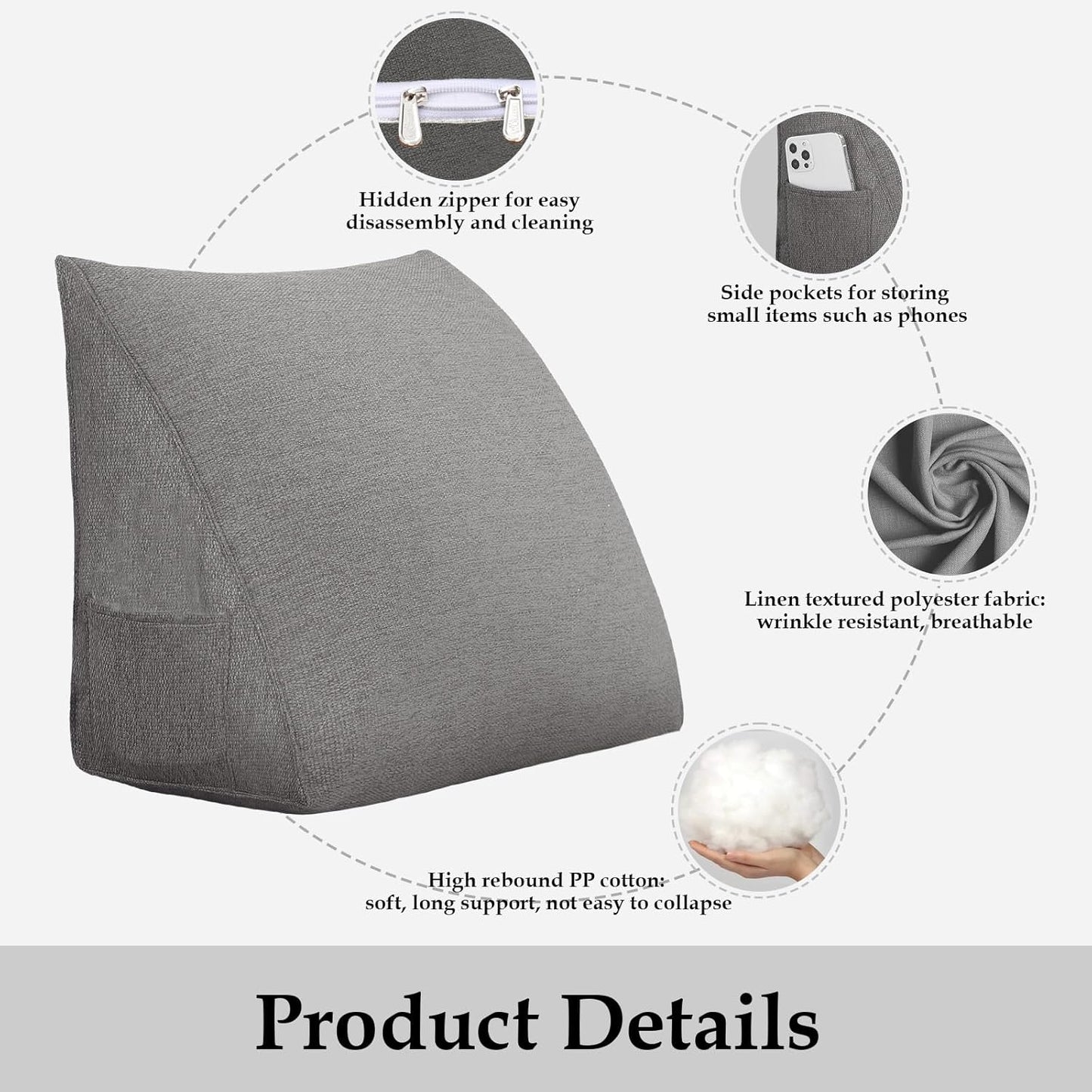 Wedge Headboard Pillow Reading Pillows for Sitting in Bed Adult Backrest Cushion with Removable Cover Side Pockets Sofa Grey