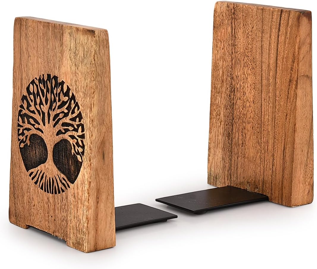 EDHAS Decorative Bookends Iron & Acacia Wood Decorative Bookshelf Book Ends Heavy Duty Bookends Desktop Organize Books (4" X 4" X 6"), (Set of 2)