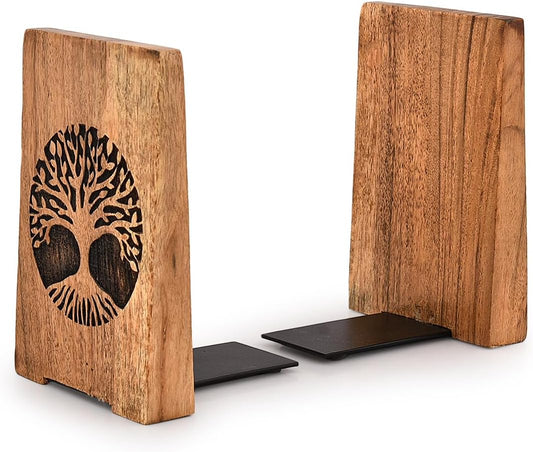 EDHAS Decorative Bookends Iron & Acacia Wood Decorative Bookshelf Book Ends Heavy Duty Bookends Desktop Organize Books (4" X 4" X 6"), (Set of 2)