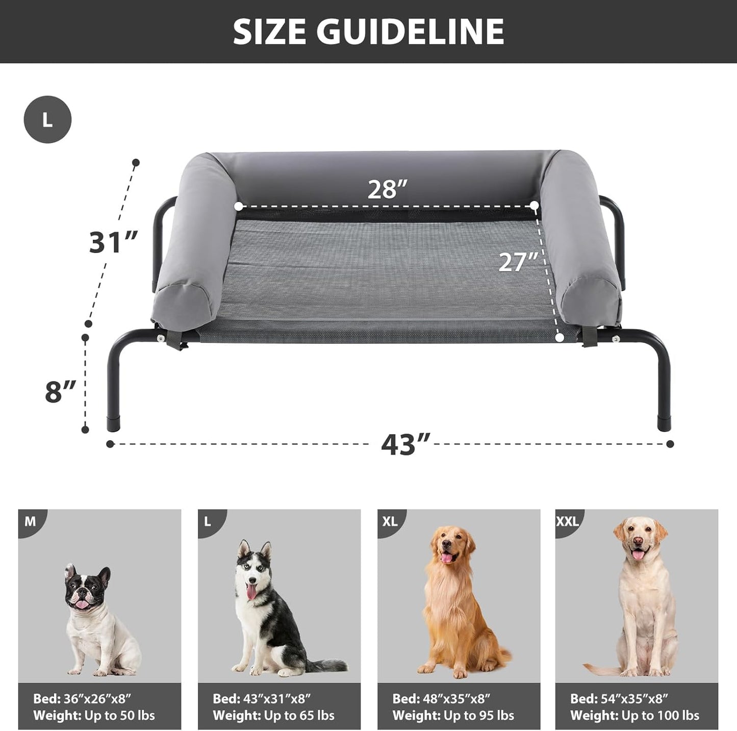 RRPETHOME Large Elevated Cooling Dog Bed 43 x 31 x 8 Inch, Raised Dog Cot Beds for Large Dogs,Elevated Outdoor Pet Bed,Chew Proof Portable Cooling Pet Cot with Skid-Resistant Feet and Breathable Mesh