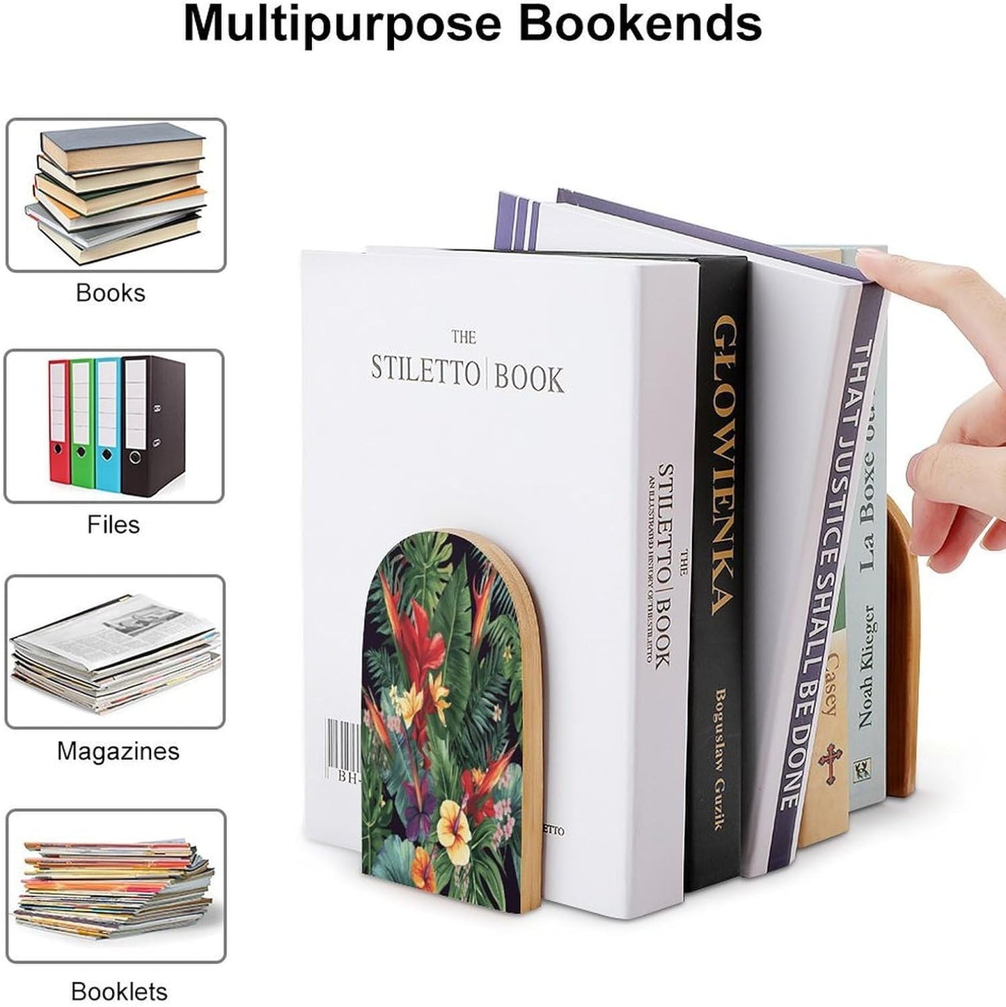 Tropical Plant Flowers Bookends 1 Pair Heavy Duty Book Ends for Shelves Non-Skid Bookend Supports Wooden Book Holders with Metal Base Desk Organizers Books Storage to Hold Books