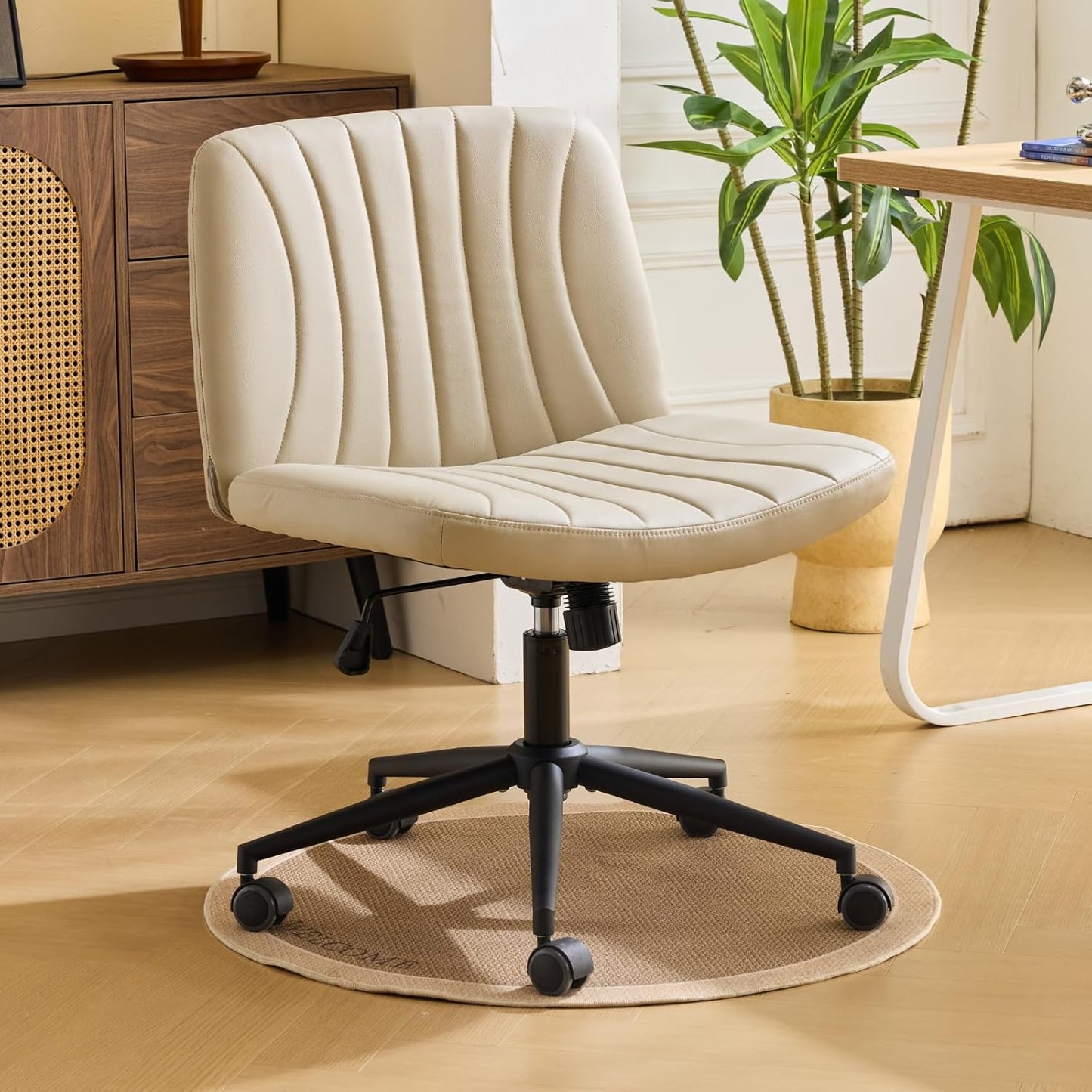 Karl home Criss Cross Chair Armless Desk Chair with Wheels Cross Legged Office Swivel Chair Wide Adjustable Comfy Padded Vanity Chair with Dual Purpose Base, PU Khaki