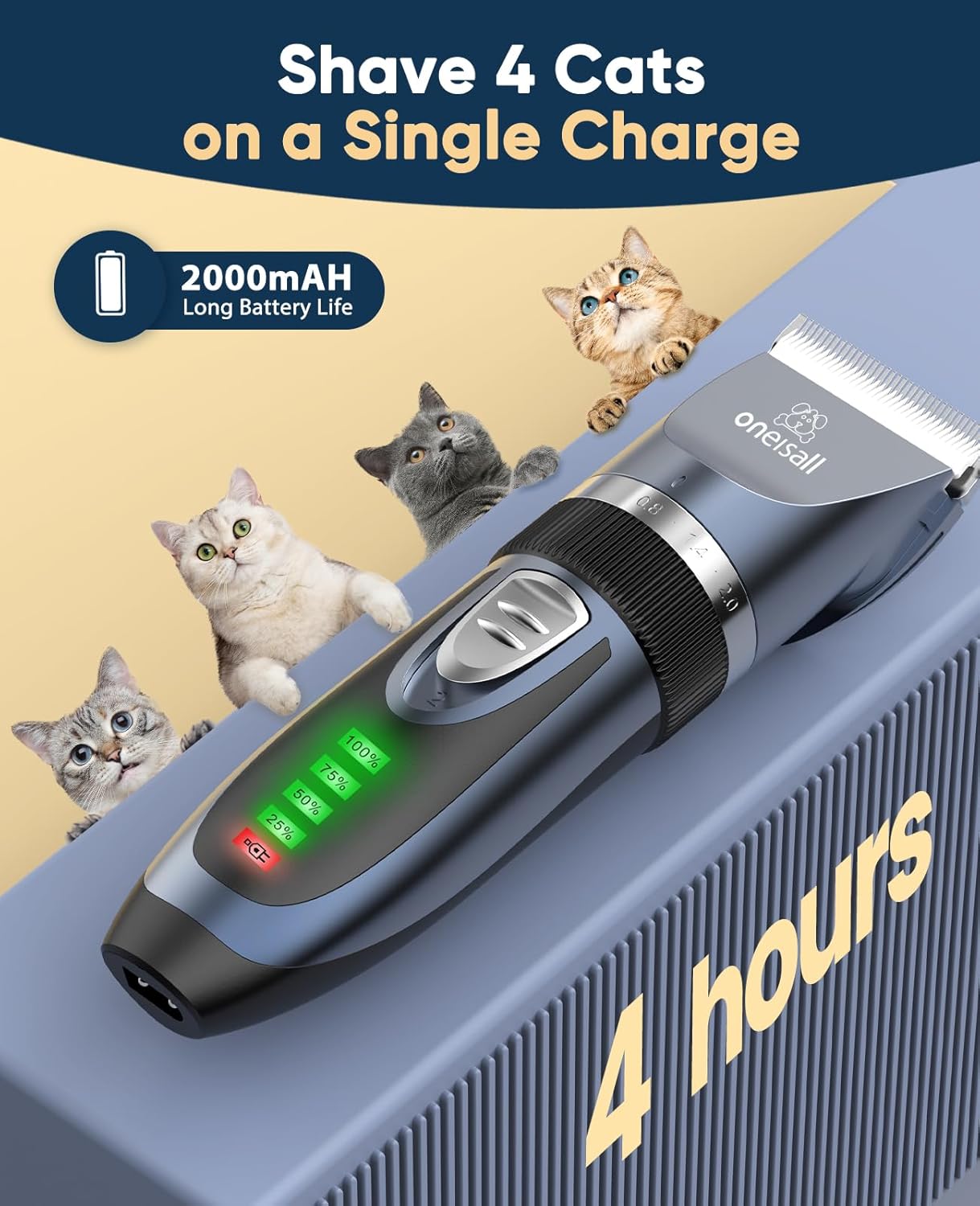 oneisall Quiet Cat Clippers for Matted & Long Hair, 2-Speed Cordless Pet Shaver Grooming Kit for Cats, Small Dogs & Animals (Blue)