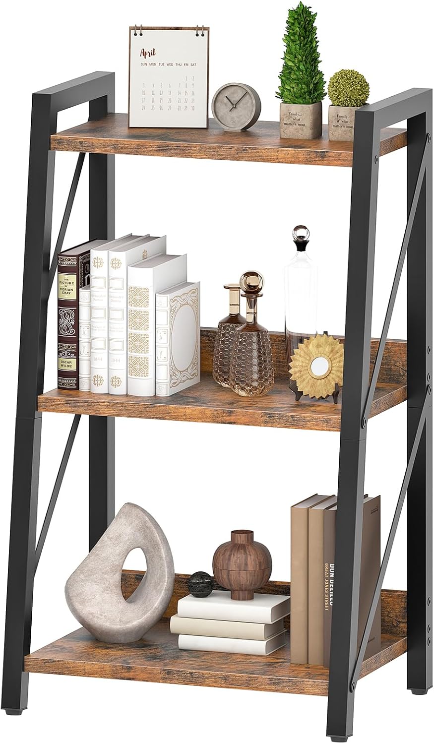 HOOBRO Ladder Shelf, 3-Tier Bookshelf, Corner Bookcase, Small Bookshelf with Metal Frame, for Living Room, Bedroom, Home Office, Kitchen, Rustic Brown and Black BF303CJ01
