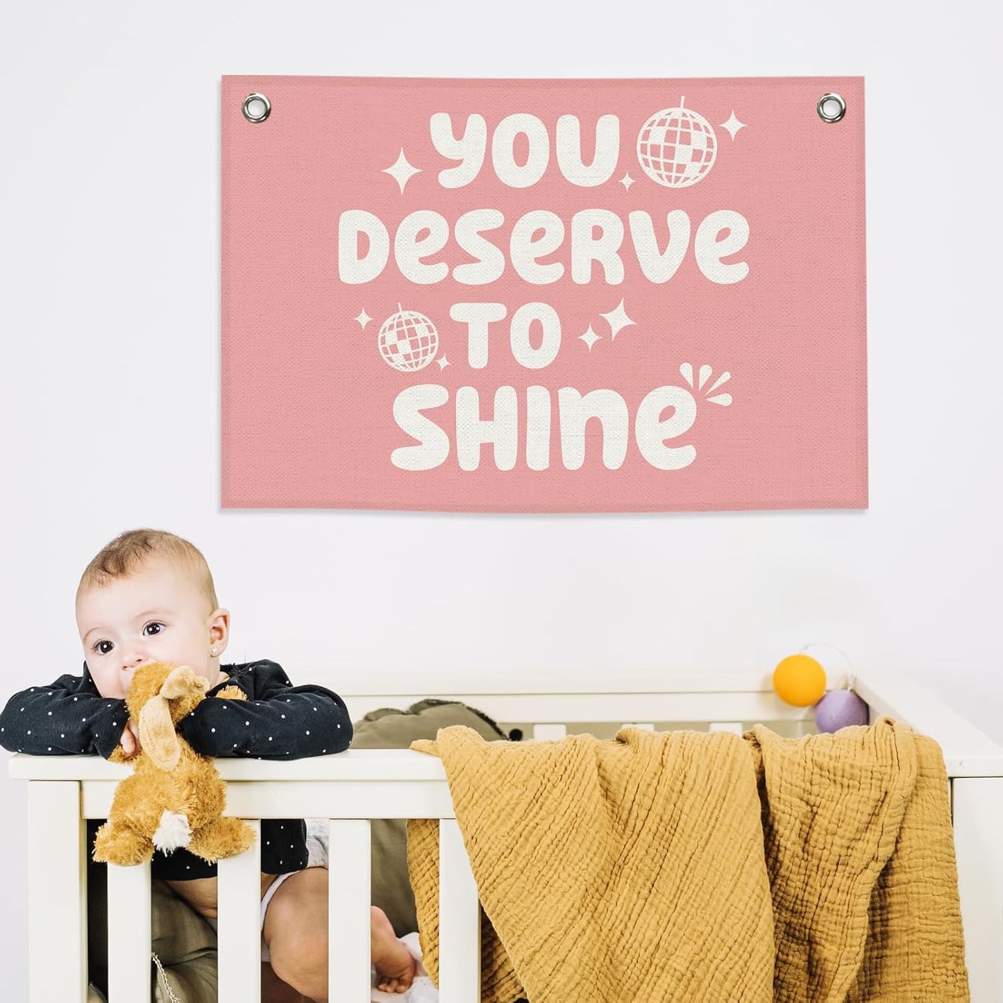 Pink Girls Kids Banner Canvas, Preppy Girly Toddler Room Decor, Inspirational You Deserve to Shine Hanging Flag Sign, Nursery Wall Tapestry Art for Baby Shower Playroom Bedroom Decor 20x30in