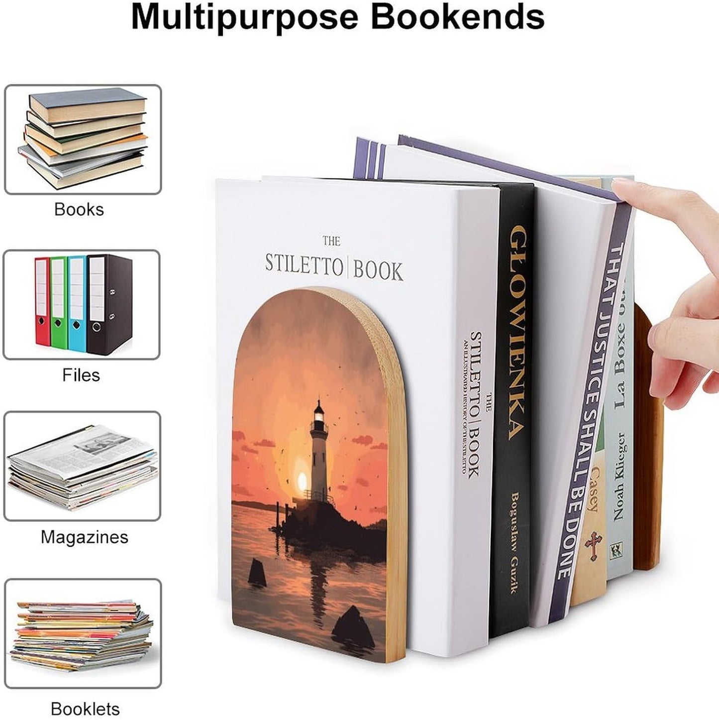 Lighthouse Sunrise Bookend for Shelves Wooden Book End Large Size Sturdy Book Holders Stoppers with Metal Base for Bookshelves Slick Decorative Bookends Stands