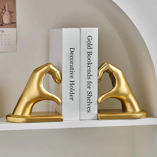 Decorative Bookends, Solid Hearthands Sculpture Book Stopper Decor Book Holder for Shelf Home Office Bedroom Living Room (Gold)